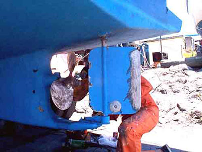 Trawler Yacht 30-32 Gallery - photos of a completed trawler yacht - cleaning rudder and prop