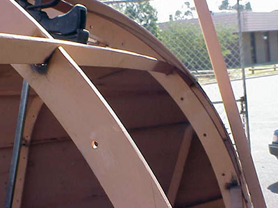 Roberts 345 Gallery - photos showing fitting of plates to radius chine hull - closeup of the stringers notched in to frames