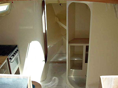 Roberts 370 Gallery - pilot house showing the galley to the port and head to starboard