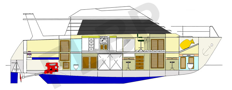 Roberts Power Catamaran 39 - layout side view starboard