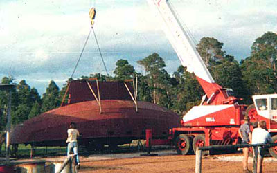 Roberts Norfolk 43 Gallery - with the cradle tacked in position the hull is ready for turning over