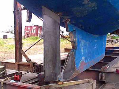 Mauritius / Norfolk 43 Gallery rudder modification - rudder and prop shaft in position