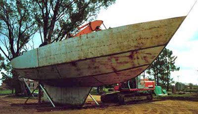 Roberts 53 Gallery - multi chine steel yacht - removed from shed